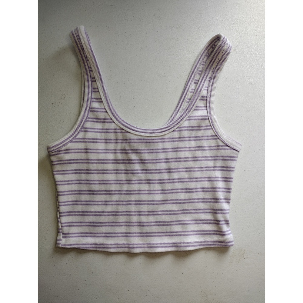 Forever 21 Womens Purple White Striped Ribbed Knit Scoop Neck Crop Tank Top S
